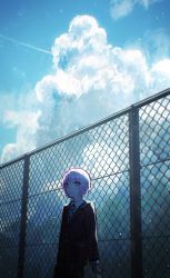 Rule 34 | 1other, 25-ji nightcord de. (project sekai), akiyama mizuki, androgynous, chain-link fence, closed mouth, cloud, cloudy sky, contrail, cumulonimbus cloud, eyelashes, fence, film grain, green necktie, hair between eyes, highres, kika, leaning, leaning back, long eyelashes, looking at viewer, necktie, one-hour drawing challenge, outdoors, pink eyes, pink hair, project sekai, short hair, sky, solo, striped, striped necktie