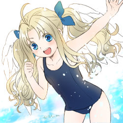 Rule 34 | 1girl, :d, ahoge, blue bow, blue eyes, blue one-piece swimsuit, bow, collarbone, filo (tate no yuusha no nariagari), flat chest, floating hair, hair between eyes, hair bow, hair intakes, karashi minamin, leaning forward, long hair, one-piece swimsuit, open mouth, outstretched arm, school swimsuit, silver hair, smile, solo, standing, swimsuit, tate no yuusha no nariagari, twintails, very long hair, white background