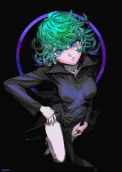 Rule 34 | 1girl, absurdres, atmosgear, black background, black dress, blue eyes, breasts, clenched teeth, curly hair, dress, flipped hair, floating, from above, glaring, green hair, hand on own hip, highres, looking at viewer, medium breasts, one-punch man, scowl, short hair, side slit, solo, tatsumaki, teeth