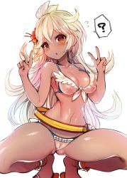 Rule 34 | 1girl, ?, absurdres, ass, bare shoulders, belt, bikini, blonde hair, blush, breasts, cleavage, cleft of venus, dark-skinned female, dark skin, double v, flower, flying sweatdrops, frilled bikini, frills, granblue fantasy, hair flower, hair ornament, harigane shinshi, highres, long hair, looking at viewer, medium breasts, navel, nipples, open mouth, orange eyes, pussy, sandals, see-through, simple background, solo, spoken question mark, spread legs, squatting, swimsuit, tiptoes, uncensored, v, white background, zooey (granblue fantasy), zooey (summer) (granblue fantasy)