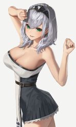 Rule 34 | 1girl, absurdres, arms up, bare shoulders, belt, breasts, cleavage, cowboy shot, dress, from side, green eyes, grey hair, hairband, hara kenshi, highres, hololive, large breasts, medium hair, mole, mole on breast, open mouth, shirogane noel, shirogane noel (1st costume), short dress, smile, solo, strapless, strapless dress, teeth, virtual youtuber
