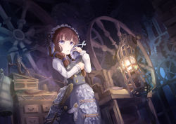 Rule 34 | blunt bangs, braid, brown hair, cabinet, chair, dark, dress, fantasy, frilled dress, frills, gears, highres, holding baby, indoors, lantern, long hair, looking at viewer, looking to the side, maid headdress, metronome, open mouth, original, purple eyes, rene, scenery, steampunk, stuffed toy, twin braids, wheel