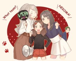 Rule 34 | ..., 1boy, 3girls, age difference, belt, belt buckle, black shirt, blue shirt, blush, brown eyes, brown hair, brown skirt, buckle, buun ko, cheering, clenched hand, closed mouth, cropped legs, daishou suguru, english text, eyebrows, eyelashes, facing viewer, grey hair, grin, haiba arisa, haikyuu!!, hair ornament, hairclip, hand fan, hand on own hip, hand up, height difference, holding, holding fan, jewelry, long hair, long skirt, long sleeves, looking at viewer, megaphone, miniskirt, multiple girls, necklace, open mouth, paper fan, paw print, ponytail, red shorts, shirt, shorts, sidelocks, skirt, smile, sweater, turn pale, twintails, uchiwa, white skirt, white sweater, yamaka mika, yamamoto akane