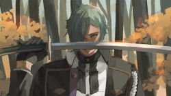 Rule 34 | 1boy, black gloves, black jacket, bright pupils, closed mouth, commentary, dated commentary, day, forest, gloves, green hair, hair between eyes, hair over one eye, hizamaru (touken ranbu), holding, holding sword, holding weapon, jacket, katana, looking to the side, male focus, military, military uniform, nature, outdoors, shirt, short hair, solo, sword, tassel, touken ranbu, tree, uniform, upper body, weapon, white pupils, white shirt, yellow eyes, zi tsas