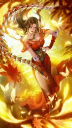 Rule 34 | 1girl, bare legs, bare shoulders, brown hair, bug, butterfly, chi lian (qin shi ming yue), dress, earrings, falling leaves, fire, floating hair, from above, highres, holding, holding whip, insect, jewelry, leaf, long hair, looking at viewer, off-shoulder dress, off shoulder, qinshi mingyue, red dress, reverse grip, sash, second-party source, yi yan (n/a)
