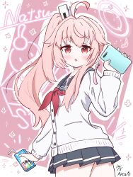 Rule 34 | 1girl, ahoge, black sailor collar, black skirt, blue archive, blush, cardigan, cellphone, drink, foolforpriconne, halo, highres, holding, holding drink, holding phone, long hair, long sleeves, looking at viewer, milk carton, miniskirt, musical note, natsu (blue archive), neckerchief, parted lips, phone, pink hair, pleated skirt, red eyes, red neckerchief, sailor collar, school uniform, side ponytail, sidelocks, skirt, smartphone, solo, upper body, white cardigan