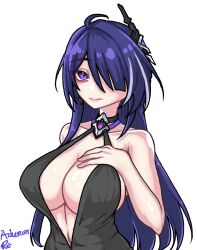 Rule 34 | 1girl, acheron (honkai: star rail), ahoge, bare shoulders, black choker, black dress, breasts, choker, cleavage, closed mouth, criss-cross halter, dress, earrings, eun (shiroisthewhite), eyeshadow, hair ornament, hair over one eye, halter dress, halterneck, hand on own chest, highres, honkai: star rail, honkai (series), jewelry, large breasts, looking at viewer, makeup, multicolored hair, partially shaded face, purple eyes, purple hair, simple background, single earring, solo, strapless, strapless dress, streaked hair, upper body, white background