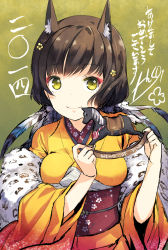 Rule 34 | 1girl, akeome, animal ears, bad id, bad pixiv id, brown hair, cat ears, feathers, flower, h2so4, hair flower, hair ornament, happy new year, horse, japanese clothes, kimono, long hair, nengajou, new year, obi, original, sash, smile, solo, toy, wide sleeves, yellow eyes