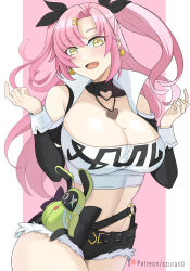 Rule 34 | 1girl, :d, aori sora, bangboo (zenless zone zero), bare shoulders, belt, black belt, black ribbon, black shorts, blush, breasts, cleavage, clothing cutout, commentary, cowboy shot, crop top, cutoffs, detached sleeves, hair between eyes, hair ribbon, hands up, highres, large breasts, long hair, long sleeves, looking at viewer, midriff, navel, nicole demara, open mouth, pink hair, ribbon, short shorts, shorts, shoulder cutout, smile, solo, standing, stomach, strapless, tube top, two side up, very long hair, yellow eyes, zenless zone zero