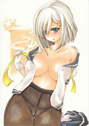 Rule 34 | 10s, 1girl, absurdres, black panties, black pantyhose, breasts, cleavage, collarbone, covered erect nipples, crotch seam, female focus, grey eyes, hair ornament, hairclip, hamakaze (kancolle), highres, kantai collection, large breasts, marker (medium), no bra, off shoulder, open clothes, open shirt, panties, panties under pantyhose, pantyhose, ribbon, school uniform, serafuku, shirt, short hair, silver hair, simple background, skirt, unworn skirt, solo, traditional media, underwear, yurun