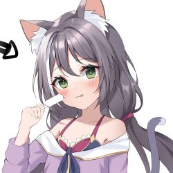1girl, :q, absurdres, animal ears, black hair, blush, cat ears, cat tail, danyo (chung0226), food, highres, holding, long hair, looking at viewer, multicolored hair, original, popsicle, simple background, solo, streaked hair, tail, tongue, tongue out, upper body, white background