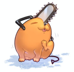 Rule 34 | 1other, :3, chainsaw, chainsaw man, closed eyes, creature, fang, full body, handle, lowres, ohse, open mouth, orange fur, pochita (chainsaw man), pull cord, scratching, sitting, smile, solo, twitter username, white background