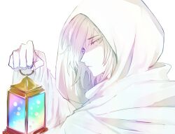 Rule 34 | 1boy, chinese commentary, cloak, commentary request, harada mutei, highres, holding, holding lantern, hood, hood up, hooded cloak, lantern, long sleeves, male focus, parted lips, partially colored, qubagogo, rainbow gradient, saibou shinkyoku, short hair, simple background, solo, white background