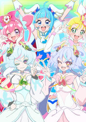Rule 34 | 5girls, :d, ;), ;d, absurdres, akizora (aki precure), animal ears, arms up, blonde hair, blue dress, blue eyes, blue hair, bow, bright pupils, brooch, brown eyes, choker, commentary, cone hair bun, cure precious, cure puca, cure sky, cure summer, cure supreme, cut bangs, delicious party precure, detached sleeves, double bun, double v, dress, earrings, elbow gloves, fingerless gloves, flower, gloves, green eyes, hair bow, hair bun, hair flower, hair ornament, hair pulled back, hair ribbon, hairband, hand on own face, hand on own hip, heart, heart brooch, heart in eye, hibiscus, highres, hirogaru sky! precure, in-franchise crossover, jewelry, long hair, looking at viewer, magical girl, medium hair, messy hair, multicolored hair, multiple girls, nagomi yui, natsuumi manatsu, one eye closed, open mouth, orange eyes, pink bow, pink choker, pink hair, pink hairband, pink sailor collar, precure, precure all stars, precure all stars f, preme (precure), puca (precure), puffy detached sleeves, puffy sleeves, purple eyes, purple hair, ribbon, sailor collar, single earring, sleeveless, sleeveless dress, smile, sora harewataru, standing, strapless, strapless dress, streaked hair, symbol in eye, triangle earrings, tropical-rouge! precure, twintails, two-tone hair, two side up, v, w, white choker, white dress, white gloves, white hair, white pupils, white ribbon, wing brooch, wing hair ornament