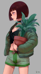 Rule 34 | 1girl, artist name, black bow, black choker, black shirt, blunt bangs, blunt ends, bob cut, bomber jacket, bow, breasts, brown eyes, brown hair, choker, cleavage, commentary, cowboy shot, crop top, drawstring, expressionless, from side, green jacket, green shorts, grey background, highres, holding, holding plant, jacket, kia (kia1206kia), leon the professional, looking afar, looking ahead, mathilda lando, midriff, open clothes, open jacket, pendant choker, plant, potted plant, profile, shirt, shirt bow, short hair, short shorts, shorts, signature, simple background, small breasts, solo, standing, striped clothes, striped shorts