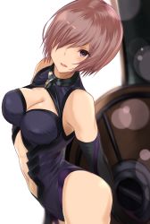 Rule 34 | 1girl, absurdres, bare shoulders, black gloves, black leotard, blurry, blush, breasts, cleavage, cleavage cutout, clothing cutout, depth of field, elbow gloves, fate/grand order, fate (series), female focus, from above, gloves, hair over one eye, highres, large breasts, lens flare, leotard, looking at viewer, looking up, mash kyrielight, navel cutout, open mouth, pink hair, purple eyes, round teeth, shield, short hair, simple background, sleeveless, smile, solo, teeth, type-moon, white background, yatsuka (846)