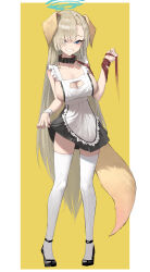 Rule 34 | 1girl, absurdres, animal ears, apron, asuna (blue archive), black footwear, black skirt, blue archive, blue eyes, blue halo, blush, breasts, cleavage, dog ears, dog tail, full body, grey hair, grin, halo, highres, hwan (verypoor), large breasts, long hair, looking at viewer, mole, mole on breast, shoes, skirt, smile, solo, tail, thighhighs, white apron, white thighhighs