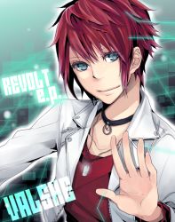 Rule 34 | 1girl, androgynous, blue eyes, character name, choker, dog tags, female focus, indie utaite, jacket, light smile, male focus, niconico, orenji (lullaby), pixie cut, red hair, red shirt, reverse trap, shirt, short hair, solo, valshe