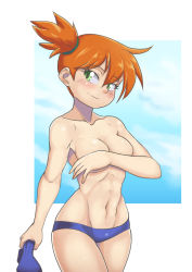 Rule 34 | 1girl, abs, asymmetrical hair, bikini, blue bikini, blush, breasts, covered breasts, creatures (company), game freak, gez1313, green eyes, hand on chest, hand on own chest, highres, legs, looking at viewer, medium breasts, misty (pokemon), muscular, navel, nintendo, pokemon, pokemon rgby, ponytail, short ponytail, side ponytail, simple background, smile, solo, swimsuit, thighs, topless, white background