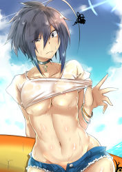 Rule 34 | 1girl, ahoge, black eyes, black hair, blush, bracelet, breasts, choker, clothes lift, collarbone, cowboy shot, cross, groin, highres, jewelry, lifting own clothes, navel, no bra, ocean, original, saintshiro, see-through, see-through silhouette, shirt, shirt lift, short hair, short shorts, short sleeves, shorts, solo, squiggle, sunlight, surfboard, sweat, unbuttoned, underboob, uneven eyes, wet, wet clothes, white shirt