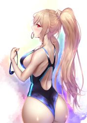 Rule 34 | 1girl, ass, blonde hair, blush, breasts, competition swimsuit, furen e lustario, goggles, highres, holding, holding own hair, large breasts, long hair, looking at viewer, looking back, mouth hold, nail polish, nijisanji, one-piece swimsuit, pale skin, ponytail, red eyes, shiroshisu, shoulder blades, sideboob, solo, swimsuit, virtual youtuber