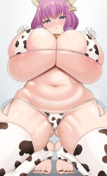 Rule 34 | 1girl, @ @, absurdres, animal print, areola slip, aura (sousou no frieren), bikini, blue eyes, blush, braid, breasts, chomikuplus, cleavage, commentary request, cow print, cow print bikini, cow print thighhighs, curvy, demon girl, demon horns, feet, gigantic breasts, gloves, highres, horns, huge breasts, kneeling, large areolae, looking at viewer, micro bikini, print bikini, print thighhighs, purple hair, side-tie bikini bottom, simple background, skindentation, solo, sousou no frieren, squatting, steaming body, stirrup legwear, sweat, swimsuit, thick thighs, thighhighs, thighs, toeless legwear, toes, white background, white gloves, wide hips