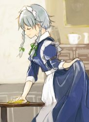 Rule 34 | 1girl, apron, arm garter, blue dress, bow, bowtie, braid, cleaning, closed eyes, closed mouth, collared dress, commentary request, drawing (object), dress, frilled dress, frills, green bow, green bowtie, hair bow, highres, indoors, izayoi sakuya, juliet sleeves, long dress, long sleeves, maid, maid headdress, ohanami n, one-hour drawing challenge, picture frame, profile, puffy sleeves, rag, short hair, silver hair, smile, solo, touhou, twin braids, waist apron, white apron, wiping