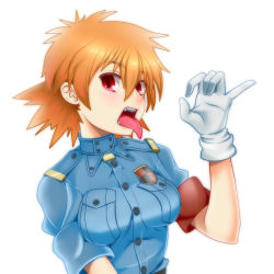 Rule 34 | 1girl, artist request, bad id, bad pixiv id, blonde hair, breasts, fang, fellatio gesture, gloves, hand gesture, hellsing, highres, looking at viewer, open mouth, phallic symbol, red eyes, seras victoria, sexually suggestive, short hair, solo, teeth, tongue, tongue out, tsume hito, vampire, white background