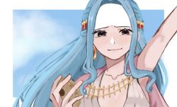 Rule 34 | 1girl, arm up, blue background, blue hair, border, brown eyes, cape, close-up, commentary request, crying, dress, earrings, hair ornament, highres, holding, jewelry, light smile, long hair, looking at viewer, nefertari vivi, one piece, pink cape, sa wint, sidelocks, solo, tears, white border, white dress