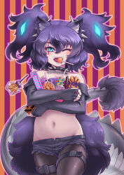 Rule 34 | 1girl, animal ears, aqua eyes, bare shoulders, big hair, black hair, bone necklace, breasts, buttons, candy, cerberus (kemono friends), cleavage, collar, collarbone, cutoffs, dog ears, elbow gloves, fangs, fingerless gloves, food, gloves, glowing, glowing hair, groin, hair between eyes, highres, holding, jewelry, kemono friends, kosai takayuki, lizard tail, lollipop, looking at viewer, lowleg, lowleg shorts, medium breasts, midriff, mouth hold, multicolored hair, navel, one eye closed, open clothes, open mouth, open shorts, pantyhose, pantyhose under shorts, pendant, purple hair, revision, scar, scar across eye, scar on face, short shorts, shorts, small breasts, smile, solo, spiked collar, spikes, stomach, strapless, striped, striped background, tail, thigh strap, tube top, two-tone hair, two side up, unbuttoned