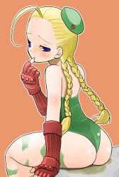 Rule 34 | artist request, ass, blonde hair, blue eyes, blush, cammy white, capcom, embarrassed, from behind, hair held back, leotard, looking back, peeing, peeing self, sitting, street fighter, tagme