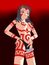 Rule 34 | 1990s (style), 1girl, 3d, :p, black hair, bodypaint, breasts, brown eyes, covered erect nipples, dildo, hand on own hip, headband, long hair, neo ranga, nipples, retro artstyle, sex toy, shimabara yuuhi, simple background, solo, strap-on, tongue, tongue out, topless
