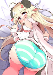 Rule 34 | 1girl, :o, absurdres, ass, ass focus, bed sheet, blonde hair, blush, detached sleeves, dress, embarrassed, from behind, grey eyes, hair ornament, hairclip, highres, hololive, horns, kneepits, long hair, looking at viewer, looking back, open mouth, panties, sheet grab, solo, striped clothes, striped panties, sweat, top-down bottom-up, tsunomaki watame, tsunomaki watame (1st costume), underwear, virtual youtuber, white dress, white sleeves, yamada naoko (kodamayanao)