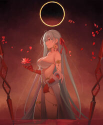 Rule 34 | 1girl, absurdres, armlet, bare shoulders, belly chain, body markings, bracelet, breasts, cleavage, colored skin, durga (fate), earrings, eclipse, fate/grand order, fate (series), flower, gradient skin, grey hair, hair ribbon, highres, jewelry, large breasts, long hair, pelvic curtain, petals, quatthro, red eyes, red skin, revealing clothes, ribbon, sash, snake, solo, thighs, thumb ring, very long hair, wading, water, weapon