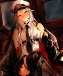 Rule 34 | 1girl, azur lane, bare shoulders, black coat, black neckwear, blush, boots, closed mouth, coat, collared shirt, commentary request, crossed legs, enterprise (azur lane), hat, highres, indoors, looking at viewer, military, military hat, miniskirt, necktie, off shoulder, open clothes, open coat, otsunabe (naabe delta), peaked cap, shirt, silver hair, sitting, skirt, sleeveless, sleeveless shirt, smile, underbust, white hat, window