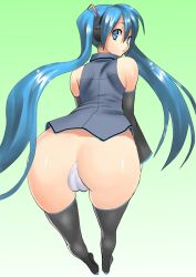 Rule 34 | 1girl, aji, aji (aziazi), ass, bent over, blue eyes, blue hair, bottomless, detached sleeves, from behind, hatsune miku, headphones, leaning forward, long hair, looking back, maebari, matching hair/eyes, solo, thigh gap, thighhighs, thighs, twintails, vocaloid