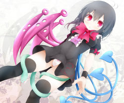 Rule 34 | 1girl, ahoge, asymmetrical wings, bad id, bad pixiv id, black dress, black hair, black thighhighs, blush, bow, dress, dutch angle, female focus, highres, houjuu nue, looking at viewer, oouso, panties, pantyshot, red eyes, short hair, snake, solo, thighhighs, tongue, tongue out, touhou, underwear, upskirt, white panties, wings, wristband