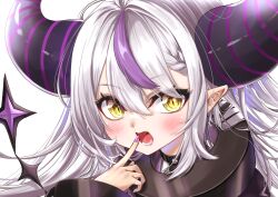 Rule 34 | 1girl, ascot, black horns, blush, braid, braided bangs, coat, coat dress, collar, highres, hololive, horns, la+ darknesss, la+ darknesss (1st costume), looking at viewer, metal collar, multicolored hair, nail polish, open mouth, pointy ears, purple coat, purple hair, purple nails, shun restart, slit pupils, solo, streaked hair, striped horns, virtual youtuber, yellow ascot, yellow eyes