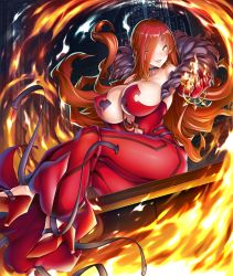 Rule 34 | 1girl, ass, astaroth (taimanin asagi), bare shoulders, breasts, cleavage, curvy, dress, female focus, fire, grin, highres, huge ass, huge breasts, lilith-soft, long hair, looking at viewer, magic, no bra, potion (moudamepo), red hair, shiny skin, sideboob, sitting, smile, solo, taimanin (series), taimanin asagi, taimanin asagi kessen arena, thick thighs, thighs, yellow eyes