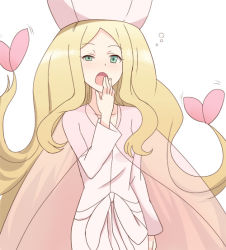 Rule 34 | 1girl, blonde hair, blush, breasts, caitlin (pokemon), collarbone, creatures (company), dress, elite four, female focus, floating hair, game freak, green eyes, half-closed eyes, hand up, hat, hyakuen raitaa, long hair, long sleeves, looking at viewer, nintendo, nose blush, open mouth, pink hat, pokemon, pokemon bw, see-through, simple background, sleepy, small breasts, solo, standing, uneven eyes, very long hair, white background, white dress, yawning