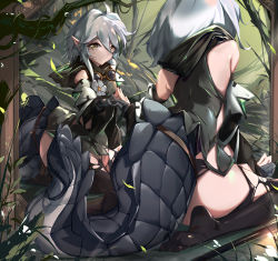 Rule 34 | 1girl, ahoge, arknights, bare shoulders, black legwear, brown eyes, commentary, crocodilian tail, flower, from behind, hair between eyes, large tail, mirror, no shoes, reflection, renze l, short hair, silver hair, sitting, tail, tomimi (arknights), wariza, white flower