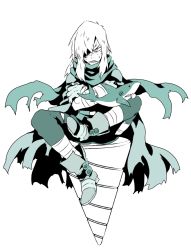 Rule 34 | 00s, 1boy, angry, animal, aqua theme, bandages, boots, crossed arms, drill, full body, green theme, hair over one eye, long hair, male focus, matsukaze yukiji, monochrome, oversized limbs, scarf, scowl, shark, sharp teeth, simple background, sitting, solo, teeth, tengen toppa gurren lagann, time paradox, viral (ttgl), white background