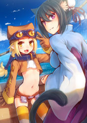 Rule 34 | 10s, 2girls, animal ears, black hair, blonde hair, blush, breasts, brown shorts, bun cover, cat ears, cat tail, collar, crossover, disgaea, gloves, goggles, groin, hat, highres, japanese clothes, large breasts, long hair, looking at viewer, makai senki disgaea 2, midriff, multiple girls, navel, petite, pointy ears, ponytail, purple eyes, ricegnat, shaomei rin, shining (series), shining hearts, short hair, shorts, smile, striped clothes, striped legwear, striped thighhighs, tail, thief (disgaea), thighhighs, yellow eyes