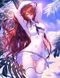 Rule 34 | 1girl, armpits, arms behind head, arms up, beach, been, blue neckerchief, blue sky, breasts, brown eyes, brown hair, day, dress, elesis (elsword), elsword, floating hair, gluteal fold, grin, hair over one eye, hat, head tilt, large breasts, long hair, looking at viewer, neckerchief, outdoors, panties, sailor collar, sailor dress, see-through, shiny clothes, shiny legwear, short dress, sky, sleeveless, sleeveless dress, smile, solo, standing, thigh gap, thighhighs, underwear, very long hair, white dress, white hat, white panties, white sailor collar, white thighhighs