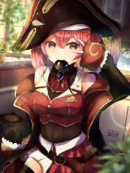 Rule 34 | 1girl, absurdres, arrow through heart, ascot, bare shoulders, bicorne, blurry, book, breasts, cleavage, coat, commentary request, depth of field, drawing (object), eyepatch, gloves, hair ribbon, hat, heterochromia, highres, hololive, houshou marine, lens flare, leotard, leotard under clothes, mouth hold, off shoulder, piccolo (gvgk8874), plant, pleated skirt, red coat, red hair, ribbon, see-through, see-through cleavage, see-through leotard, skirt, smile, solo, twintails, unworn eyepatch, v, virtual youtuber, white gloves, window