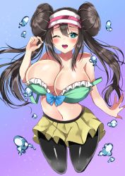 Rule 34 | 1girl, bare shoulders, bikini, bikini top only, black pantyhose, blue background, blue eyes, breasts, brown hair, bubble, cleavage, collarbone, creatures (company), double bun, game freak, gradient background, hair bun, highres, large breasts, long hair, looking at viewer, navel, neku (sky hologram), nintendo, off shoulder, one eye closed, open mouth, pantyhose, pokemon, pokemon bw2, purple background, rosa (pokemon), sidelocks, skirt, smile, solo, swimsuit, teeth, tongue, twintails, two-tone background, upper teeth only, visor cap, wink