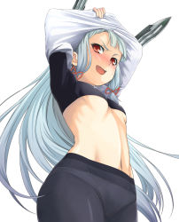 Rule 34 | 10s, 1girl, arms up, belly, black pantyhose, blush, breasts, hair ribbon, hip focus, ipuu (el-ane koubou), kantai collection, long hair, looking at viewer, murakumo (kancolle), navel, open mouth, panties, panties under pantyhose, pantyhose, red eyes, ribbon, ribs, school uniform, sidelocks, silver hair, simple background, small breasts, solo, stomach, thighs, underboob, underwear, undressing