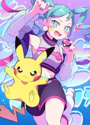 Rule 34 | 1girl, absurdres, blue hair, blush, creatures (company), electricity, game freak, gen 1 pokemon, green hair, hatsune miku, highres, holding, long hair, looking at viewer, nintendo, open mouth, pikachu, poke ball, pokemon, pokemon (creature), pon yui, project voltage, skirt, twintails, very long hair, vocaloid, volt tackle (vocaloid)
