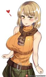 Rule 34 | 1girl, absurdres, ashley graham, bare shoulders, belt, blonde hair, bracelet, breasts, brown scarf, green skirt, heart, highres, hinghoi, jewelry, large breasts, medium hair, orange shirt, resident evil, resident evil 4, scarf, shirt, skirt, sleeveless, sleeveless turtleneck, solo, tongue, tongue out, turtleneck, yellow eyes