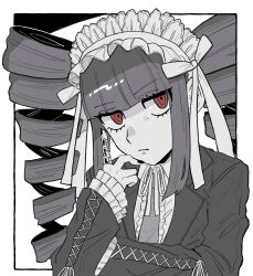 Rule 34 | 1girl, absurdres, blunt bangs, celestia ludenberg, claw ring, danganronpa: trigger happy havoc, danganronpa (series), drill hair, frilled jacket, frills, headdress, highres, jacket, long hair, looking at viewer, muro (nrvc5252), necktie, outside border, parted lips, red eyes, solo, spot color, teeth, twin drills, twintails, upper body